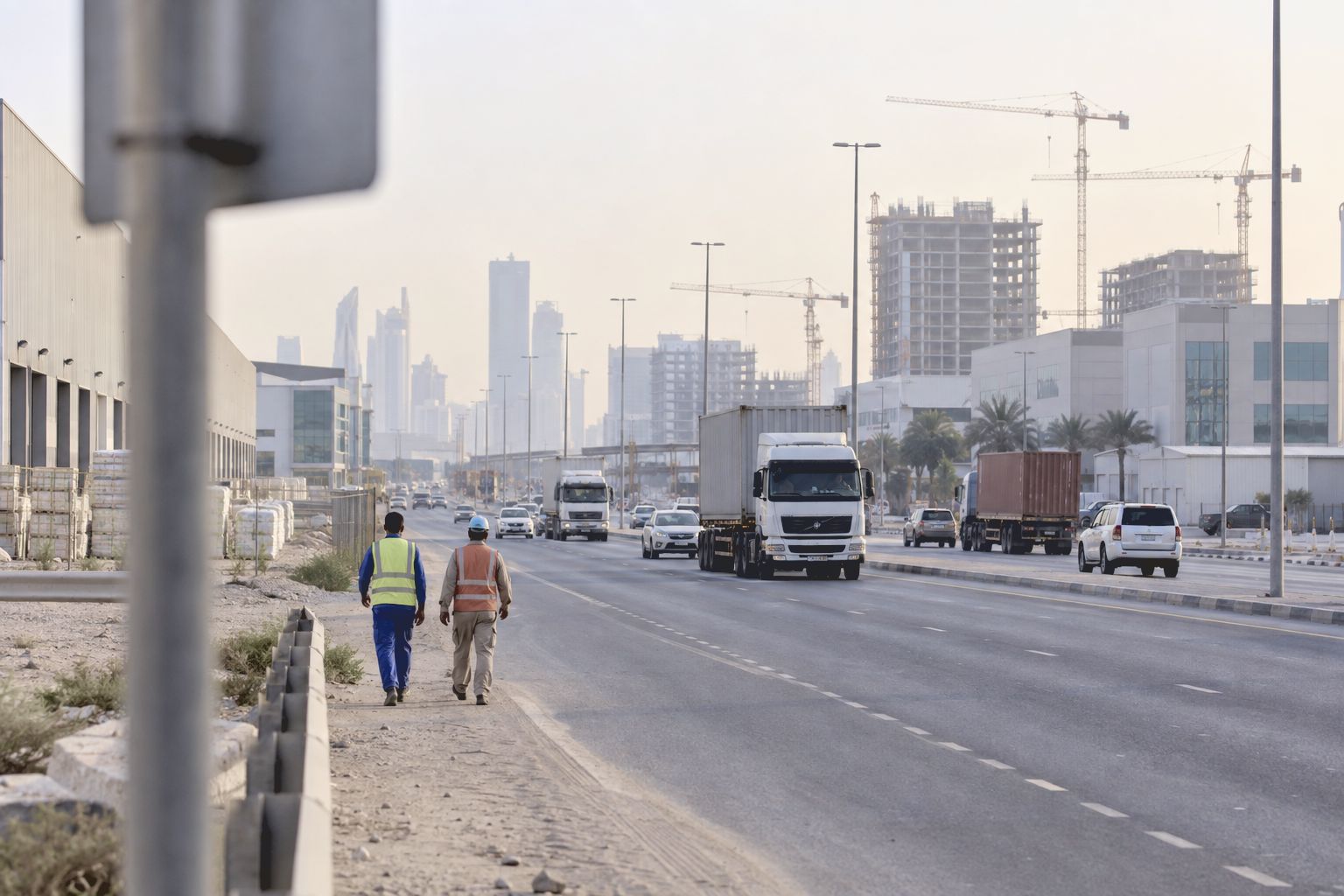 Workers in high visibility vests walking along a road in a new business and logistics district under a hazy sky