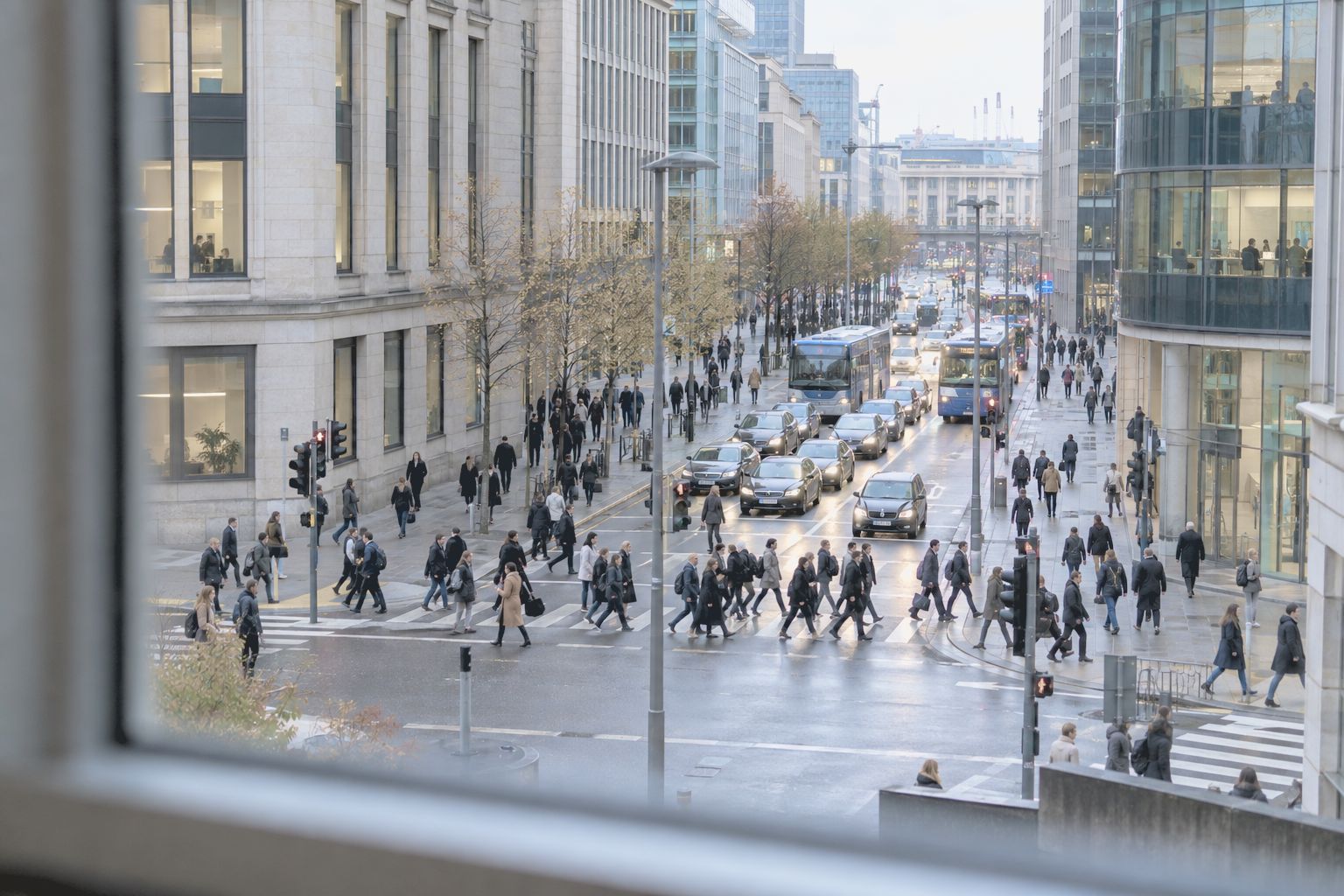 Commuters crossing a busy road in a financial district, seen from a first floor window