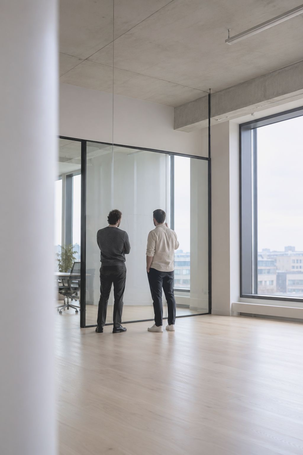 Two colleagues talking by a glass partition in a bright open office, seen from behind