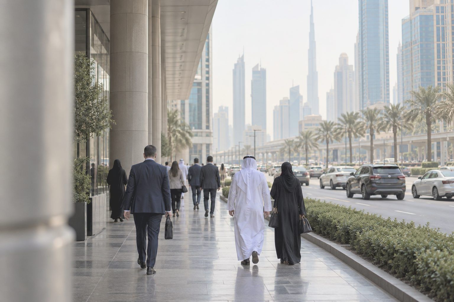 People walking under a shaded colonnade in a business district, seen from behind, with glass towers in the haze