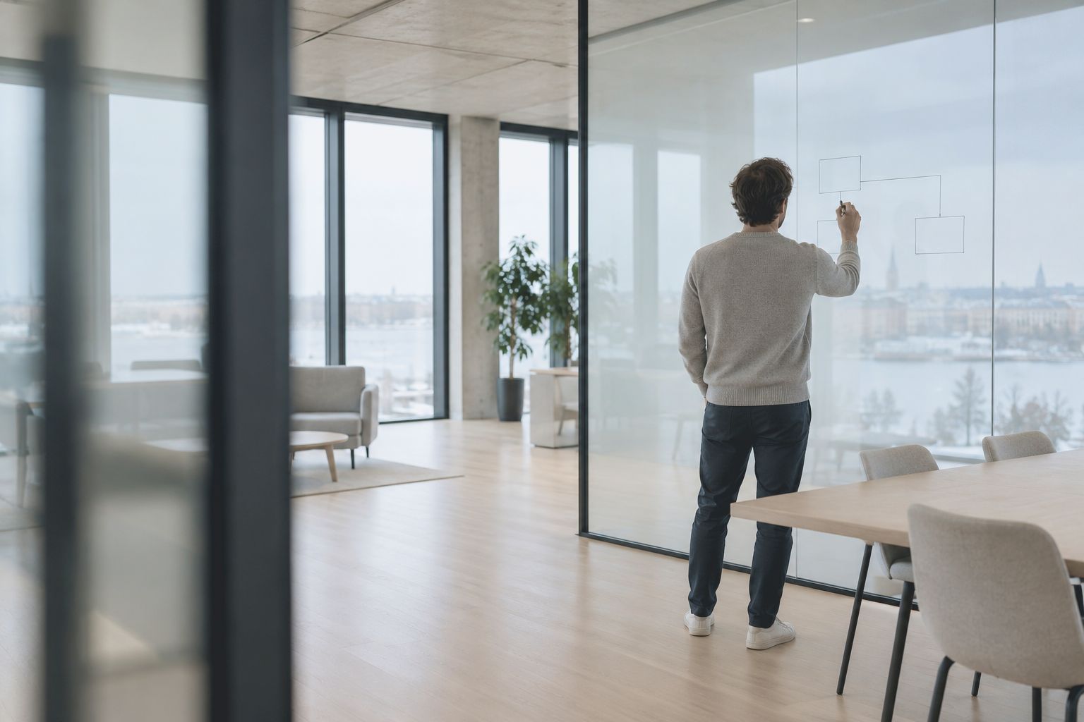 A man sketching a simple matrix on a glass wall in a bright office