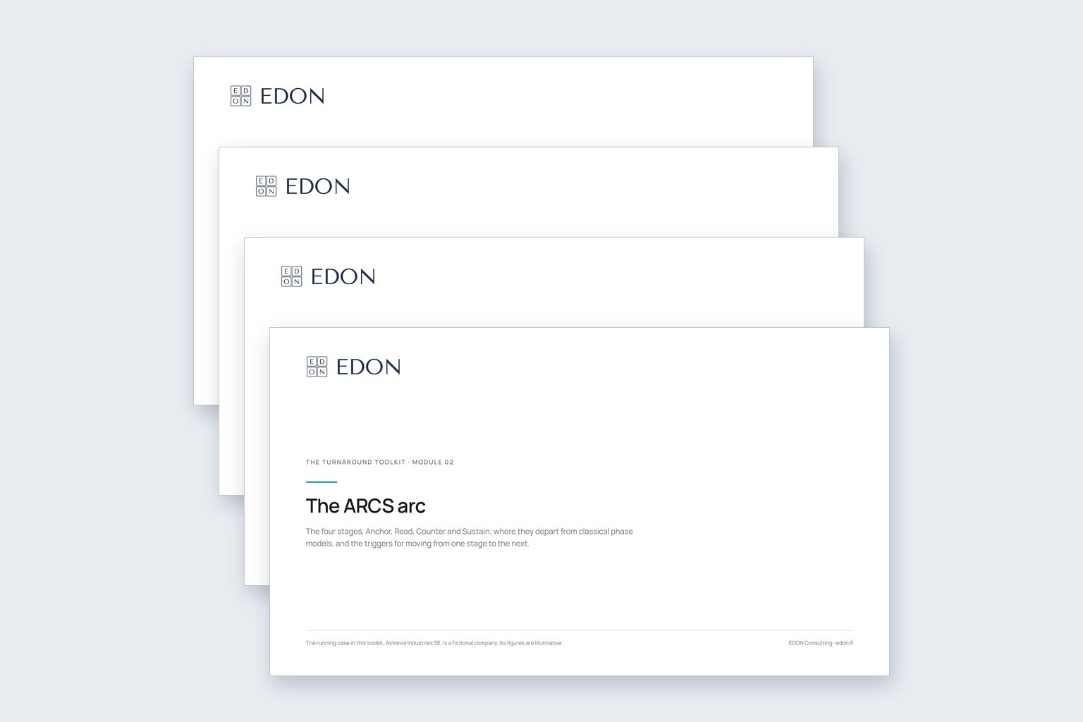 Cover pages of the toolkit modules, stacked, with Module 02, The ARCS arc, in front