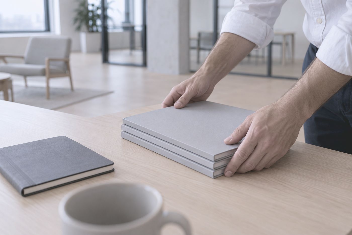 A hand squaring a stack of bound documents on a desk